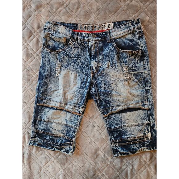Encrypted Men's Stretch Denim Shorts 36 Distressed Hip-Hop Thrashed Ripped - Picture 1 of 4